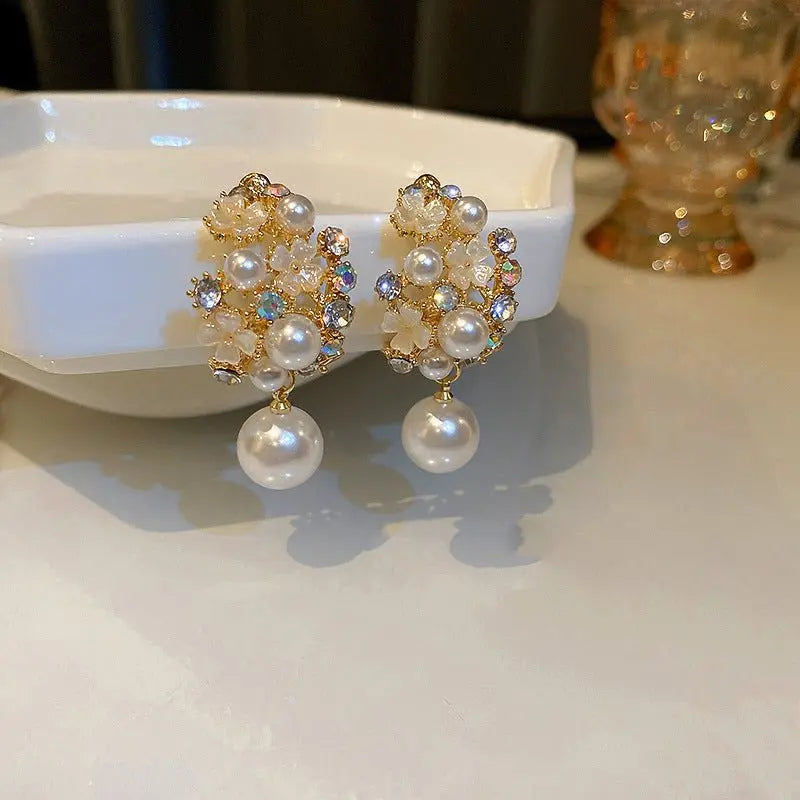 Rhinestones Flowers Pearls Earrings Fashion Elegant French-style Stud Earring For Women Mohamed jewelry My Store