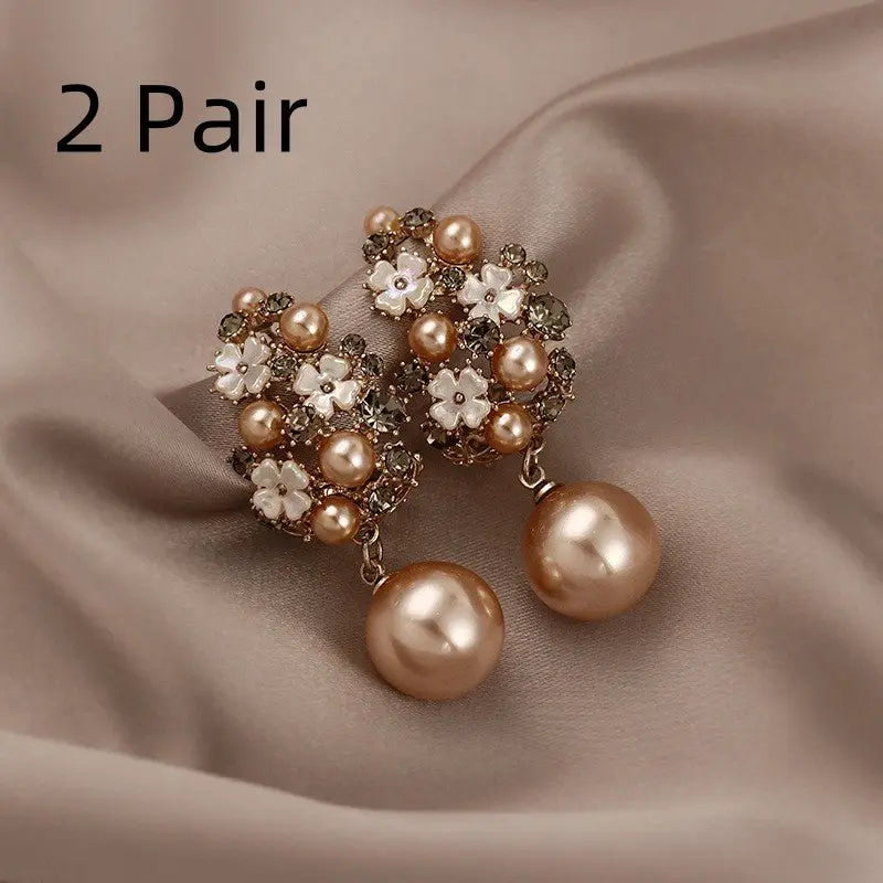 Rhinestones Flowers Pearls Earrings Fashion Elegant French-style Stud Earring For Women Mohamed jewelry My Store