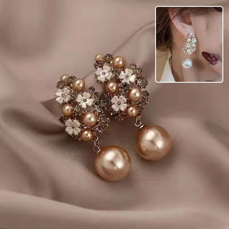 Rhinestones Flowers Pearls Earrings Fashion Elegant French-style Stud Earring For Women Mohamed jewelry My Store