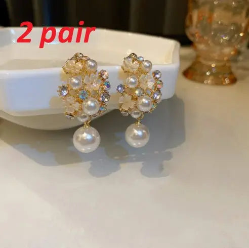 Rhinestones Flowers Pearls Earrings Fashion Elegant French-style Stud Earring For Women Mohamed jewelry My Store